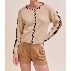 NEW &MERCI whip stitch two-tone sweater in taupe brown